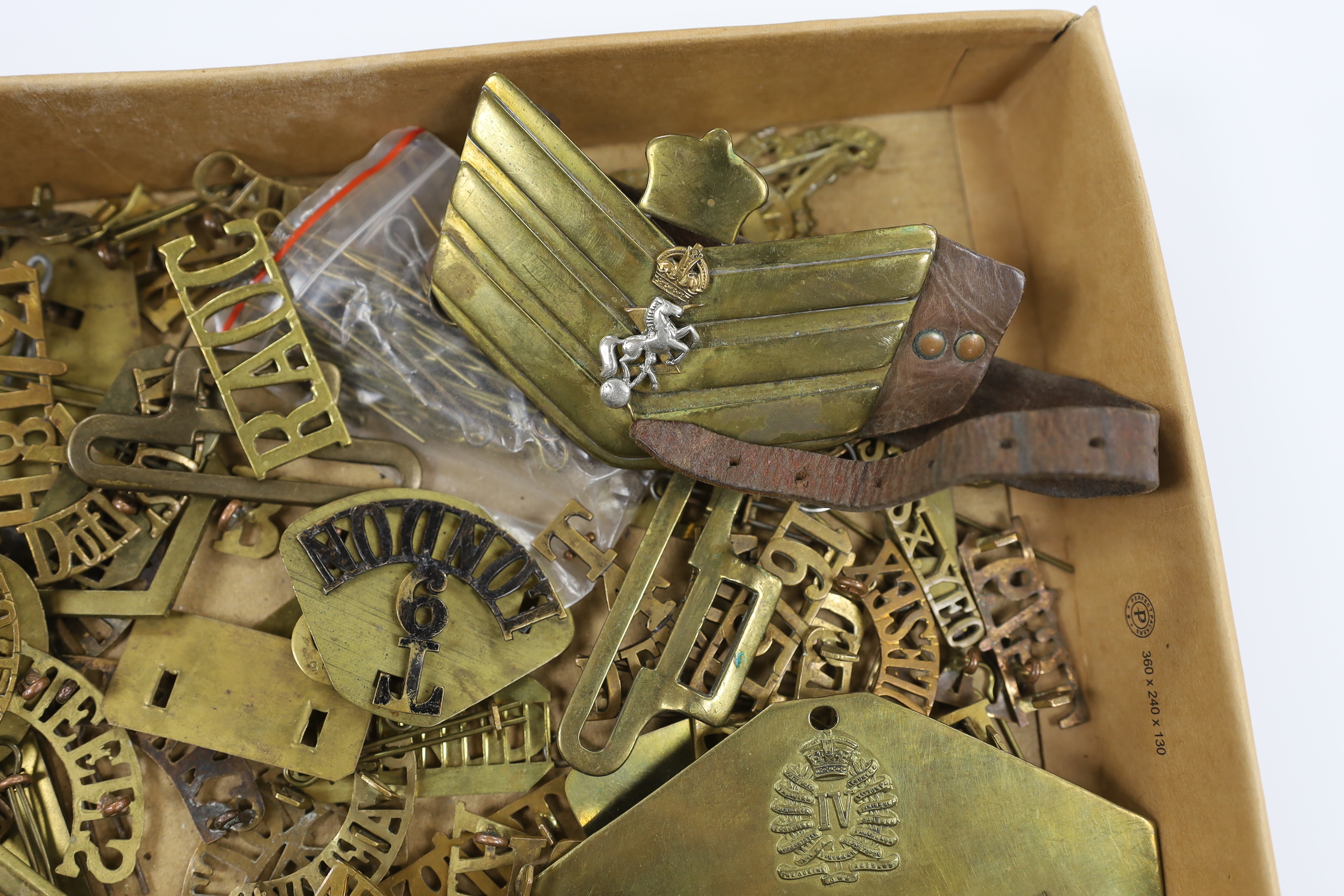 A collection of military cap badges, shoulder titles, pins, backing plates, belt buckles, etc.